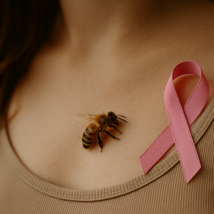 Abelha pousada sobre a pele de uma mulher ao lado de uma fita rosa, representando estudos sobre o uso do veneno de abelha em pesquisas contra o câncer de mama.