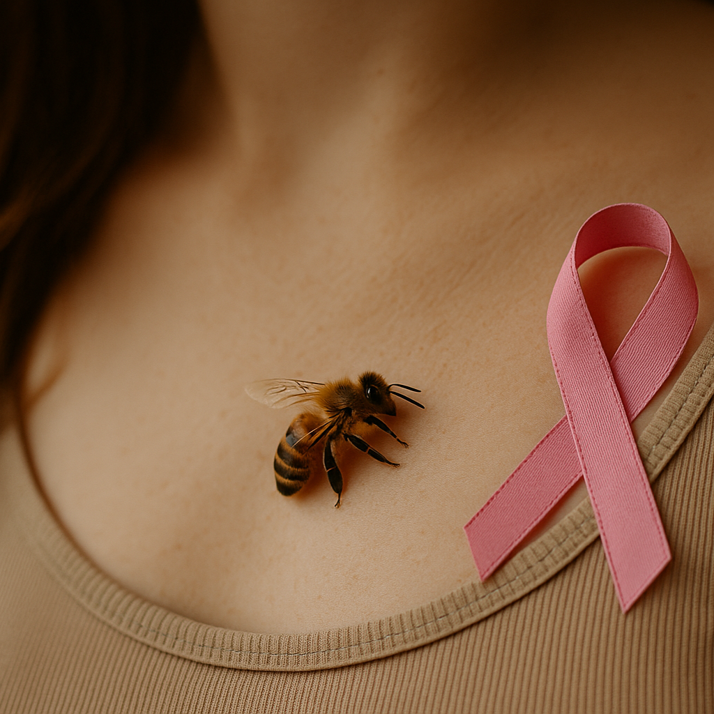 Abelha pousada sobre a pele de uma mulher ao lado de uma fita rosa, representando estudos sobre o uso do veneno de abelha em pesquisas contra o câncer de mama.